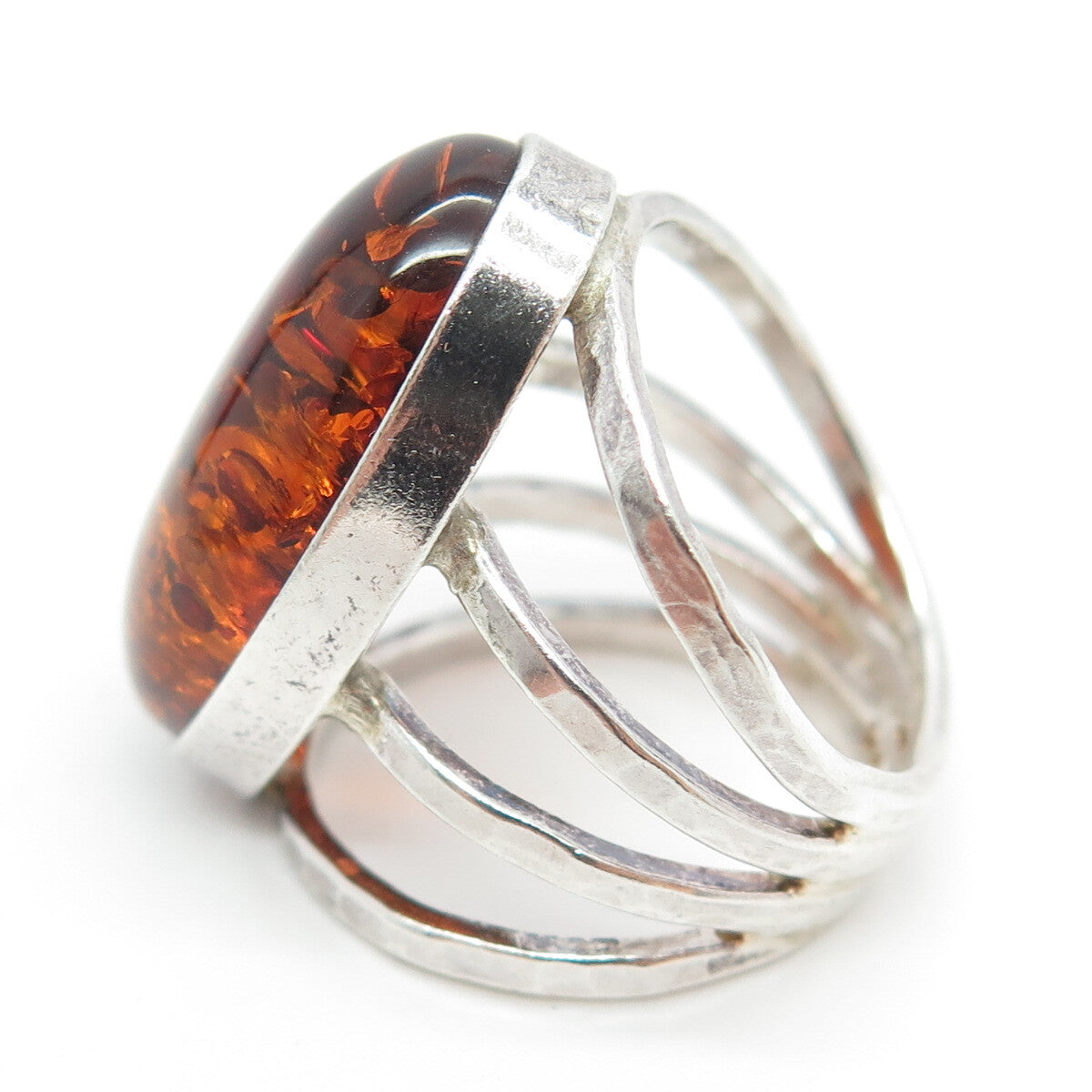 VALERIO V8 Sterling Silver Vintage Poland Real Amber Modernist Ring Size 5.75