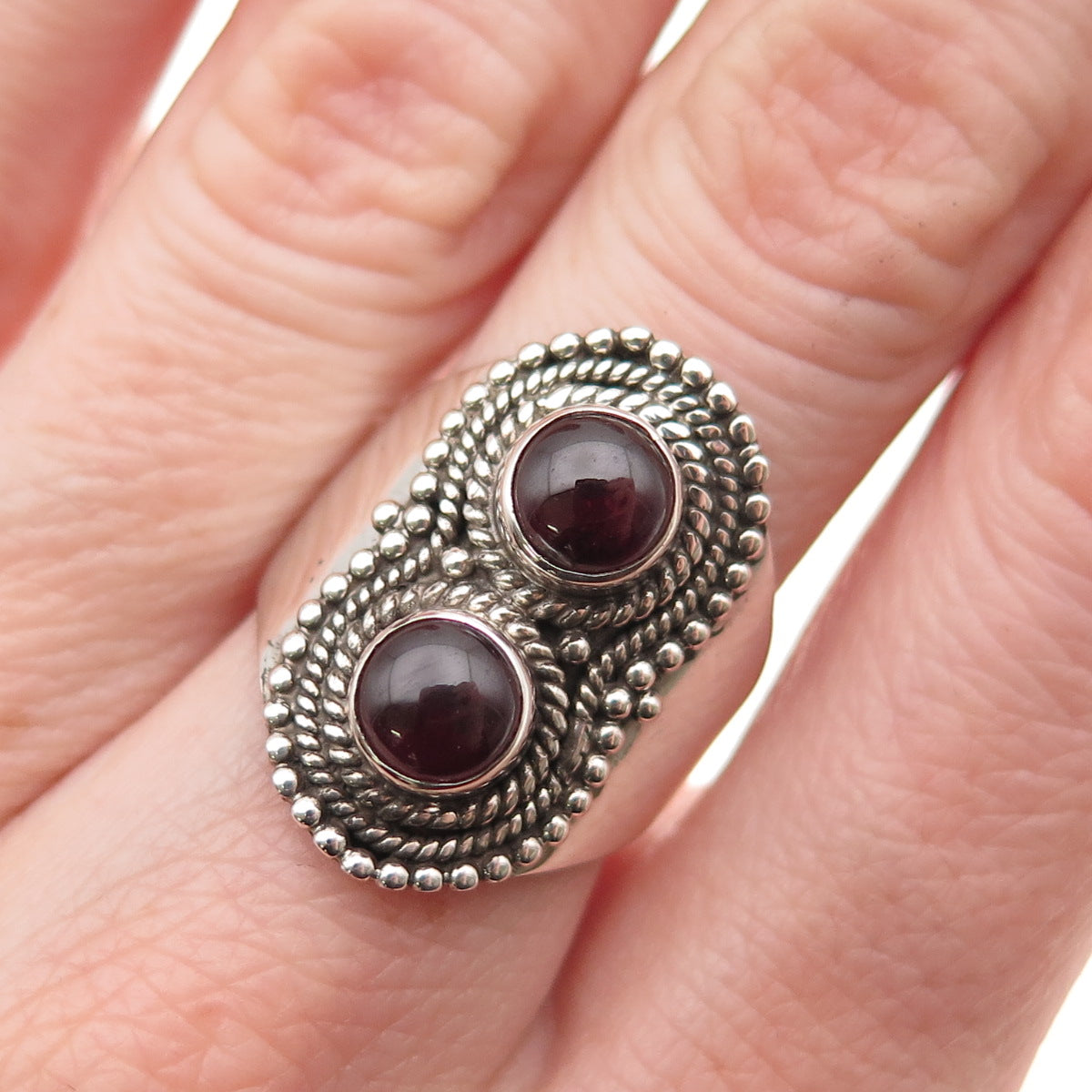 925 Sterling Silver Vintage Real Tourmaline Granulated Oxidized Ring Size 7.75