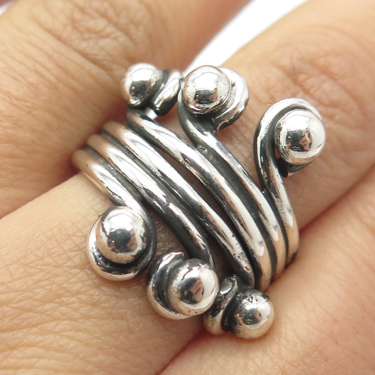 925 Sterling Silver Vintage Beaded Adjustable Ring Size 8.5