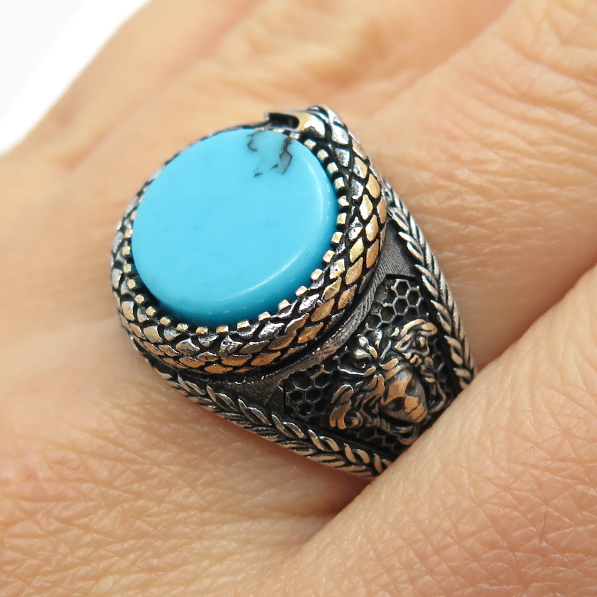 925 Sterling Silver 2-Tone Vintage Synthetic Turquoise Snake Ring Size 11.75