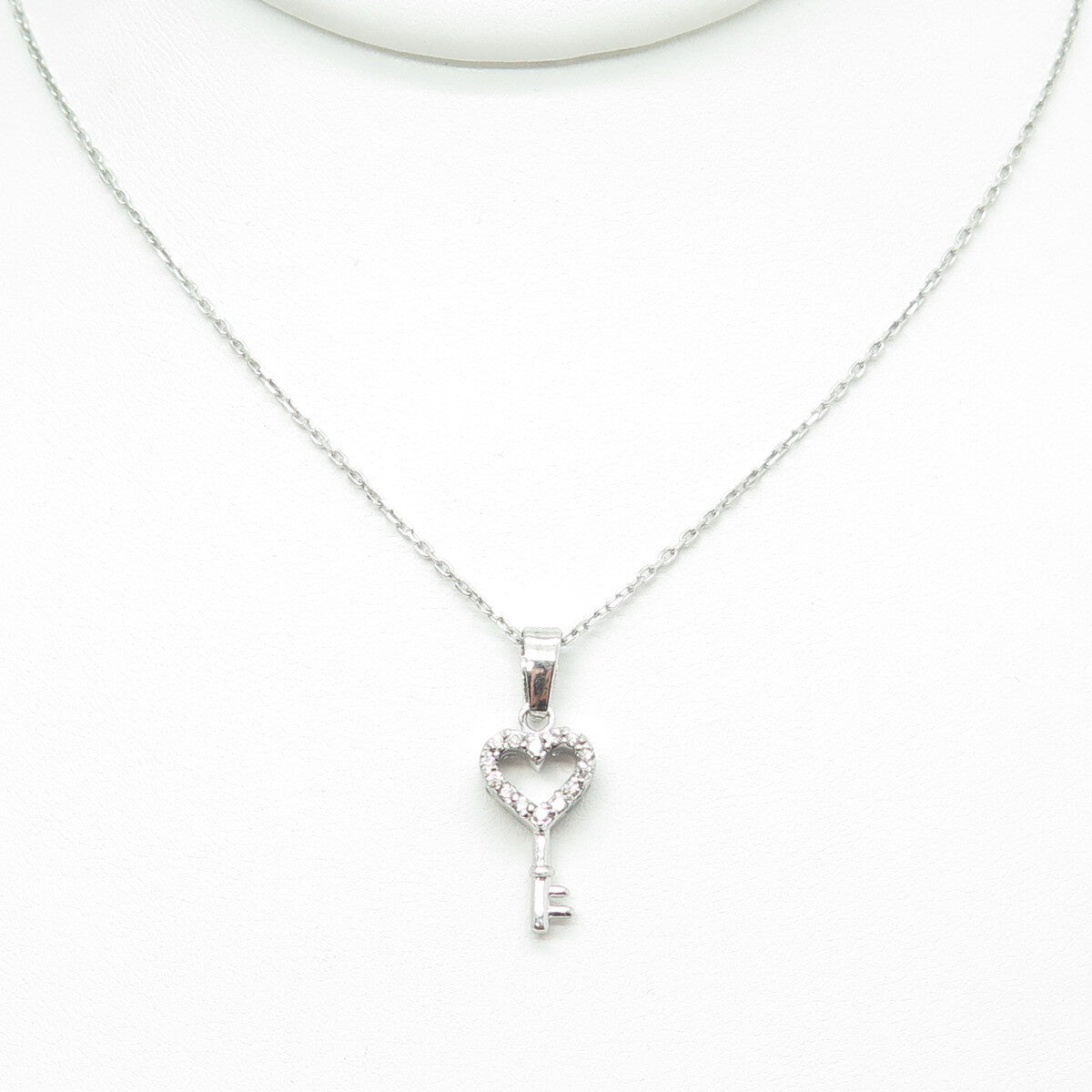 925 Sterling Silver Round-Cut C Z Heart Key Cable Chain Necklace 16"