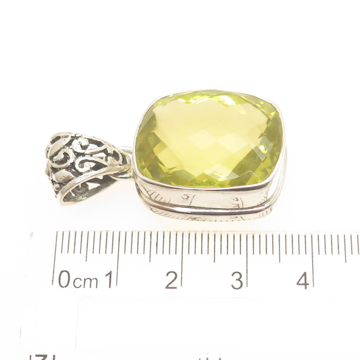 925 Sterling Silver Vintage Real Cushion-Cut Lime Citrine Ornate Pendant