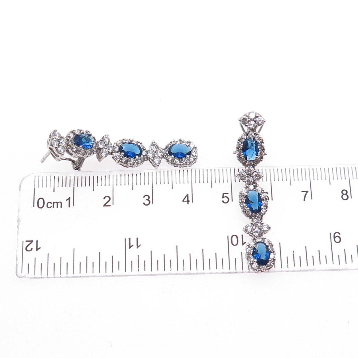925 Sterling Silver Blue & White C Z Dangle Omega Back Earrings