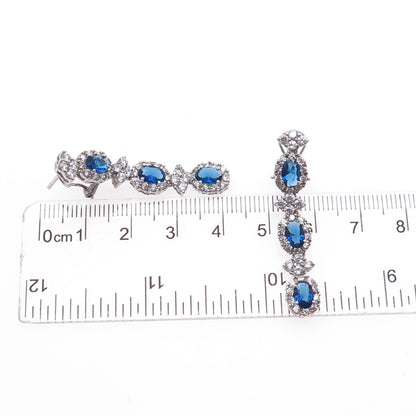 925 Sterling Silver Blue & White C Z Dangle Omega Back Earrings