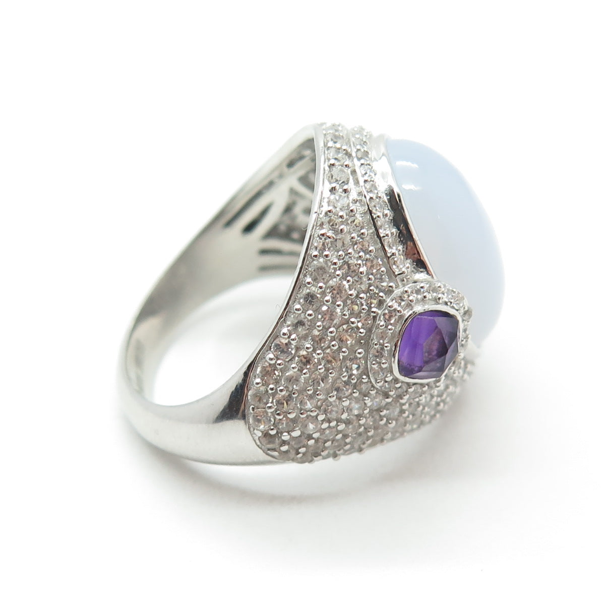 925 Sterling Silver Real Chalcedony Amethyst & White Topaz Ring Size 8.25