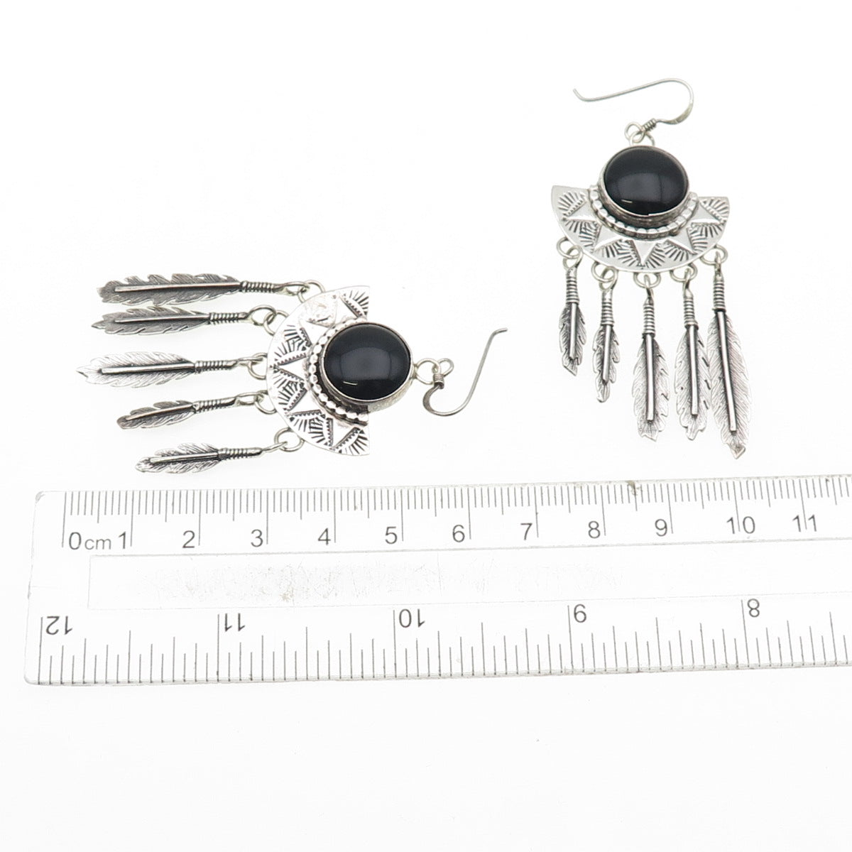 Jack Bly Kewa Old Pawn 925 Sterling Vintage Black Onyx Feather Dangle Earrings