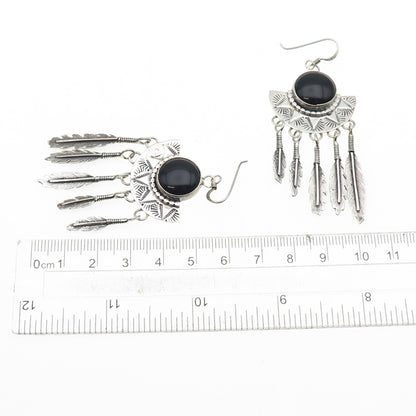 Jack Bly Kewa Old Pawn 925 Sterling Vintage Black Onyx Feather Dangle Earrings