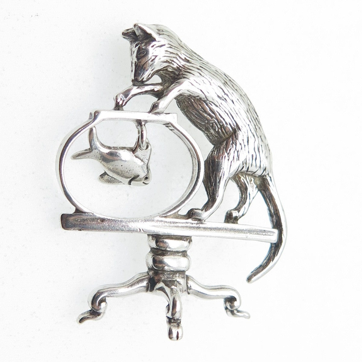 JEZLAINE 925 Sterling Silver Vintage Playing Cat w/ Fish Oxidized Pin Brooch