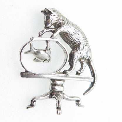 JEZLAINE 925 Sterling Silver Vintage Playing Cat w/ Fish Oxidized Pin Brooch
