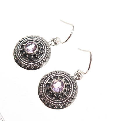 925 Sterling Silver Vintage Real Amethyst Oxidized Dangle Earrings