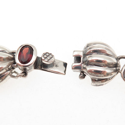 925 Sterling Silver Vintage Real Red Garnet Modernist Shell Link Bracelet 7.75"