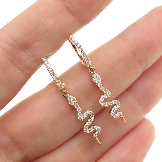 925 Sterling Silver Gold Plated Round-Cut C Z Snake Dangle Hoop Earrings