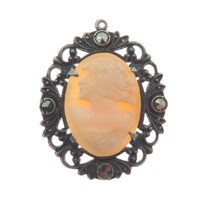 925 Sterling Silver Antique Art Deco Real Carved MOP & Marcasite Cameo Pendant