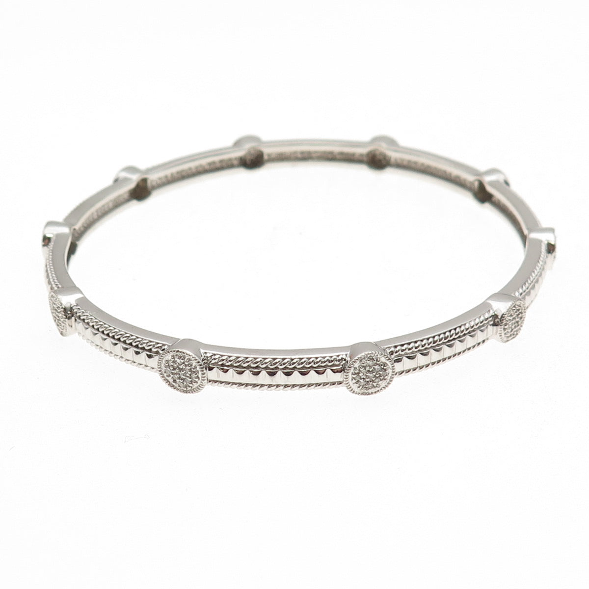 Leslie 925 Sterling Silver Real Round-Cut Diamond Station Bangle Bracelet 8.25"