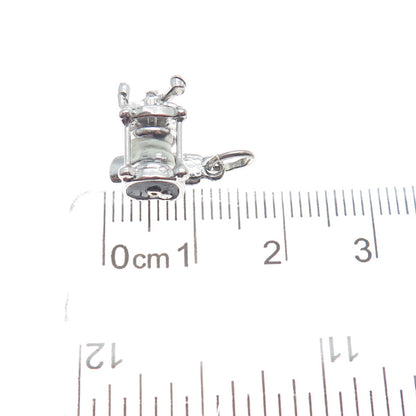 925 Sterling Silver Antique Enamel Spinning Reel 3D Minimalist Charm Pendant