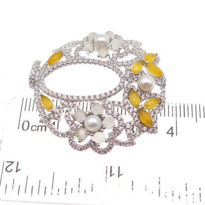 925 Sterling Silver Faux Pearl & Multi-Color C Z Floral Pendant
