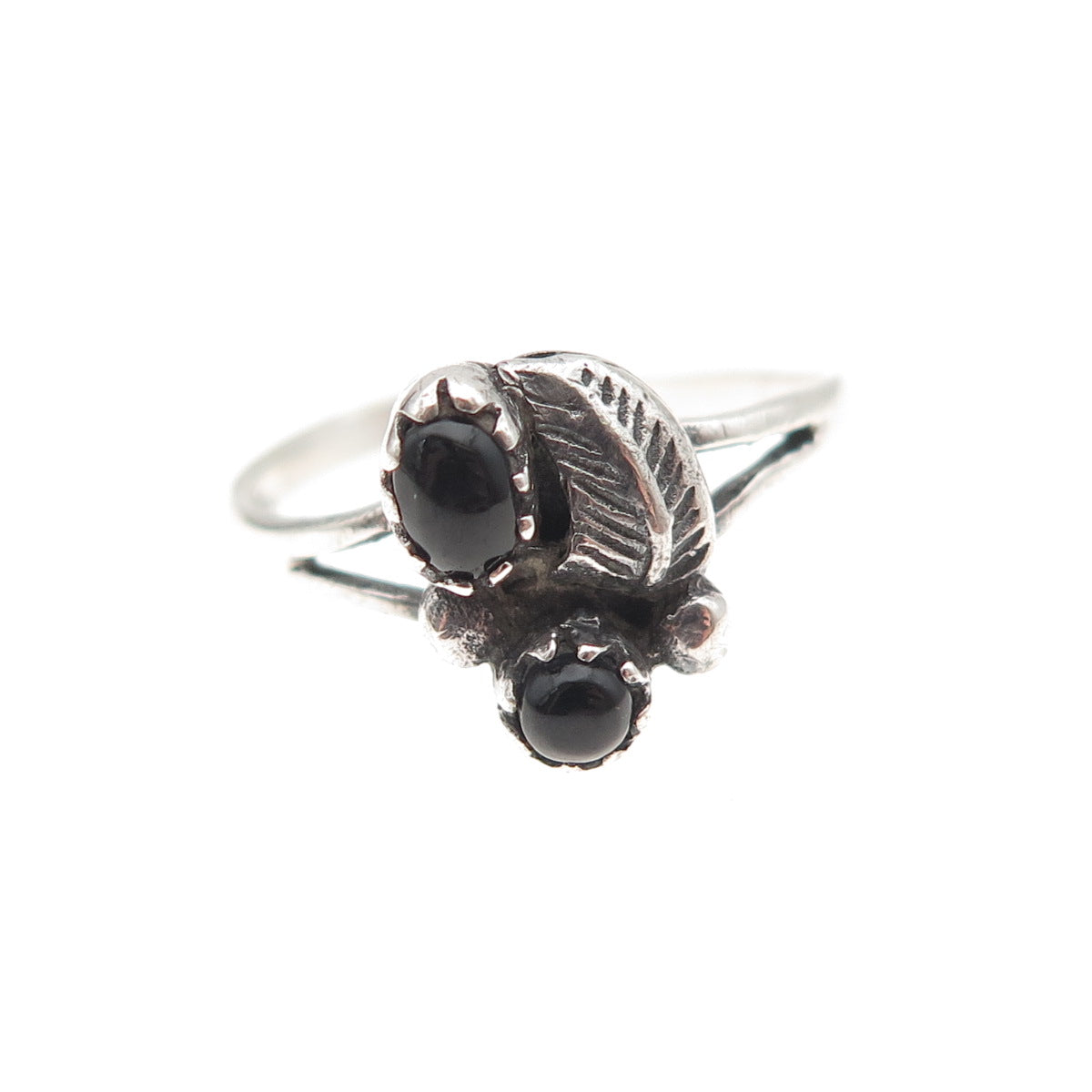 Old Pawn Sterling Silver Vintage Southwestern Black Onyx Feather Ring Size 7.5
