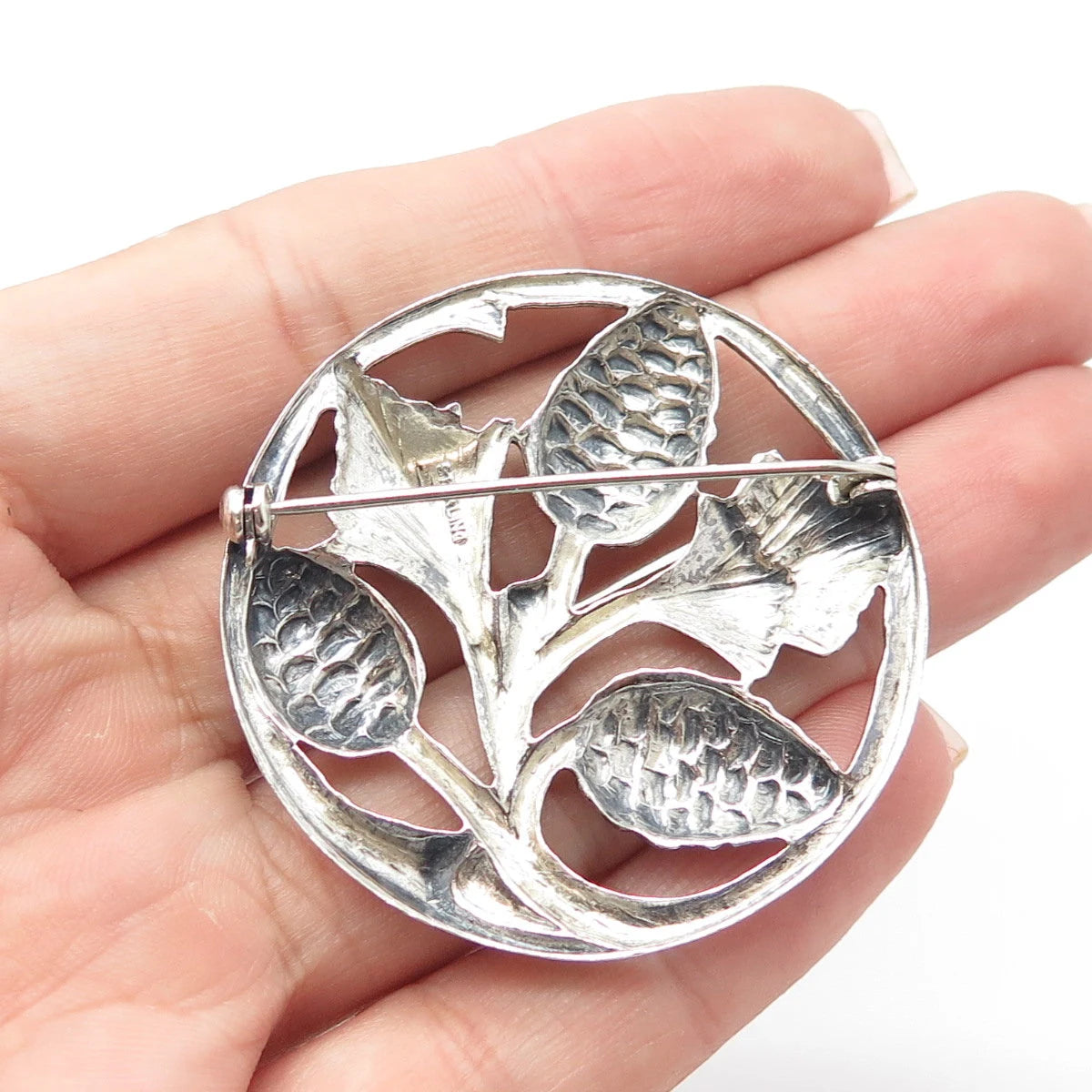925 Sterling Silver Vintage Thistle Floral For Good Luck Pin Brooch