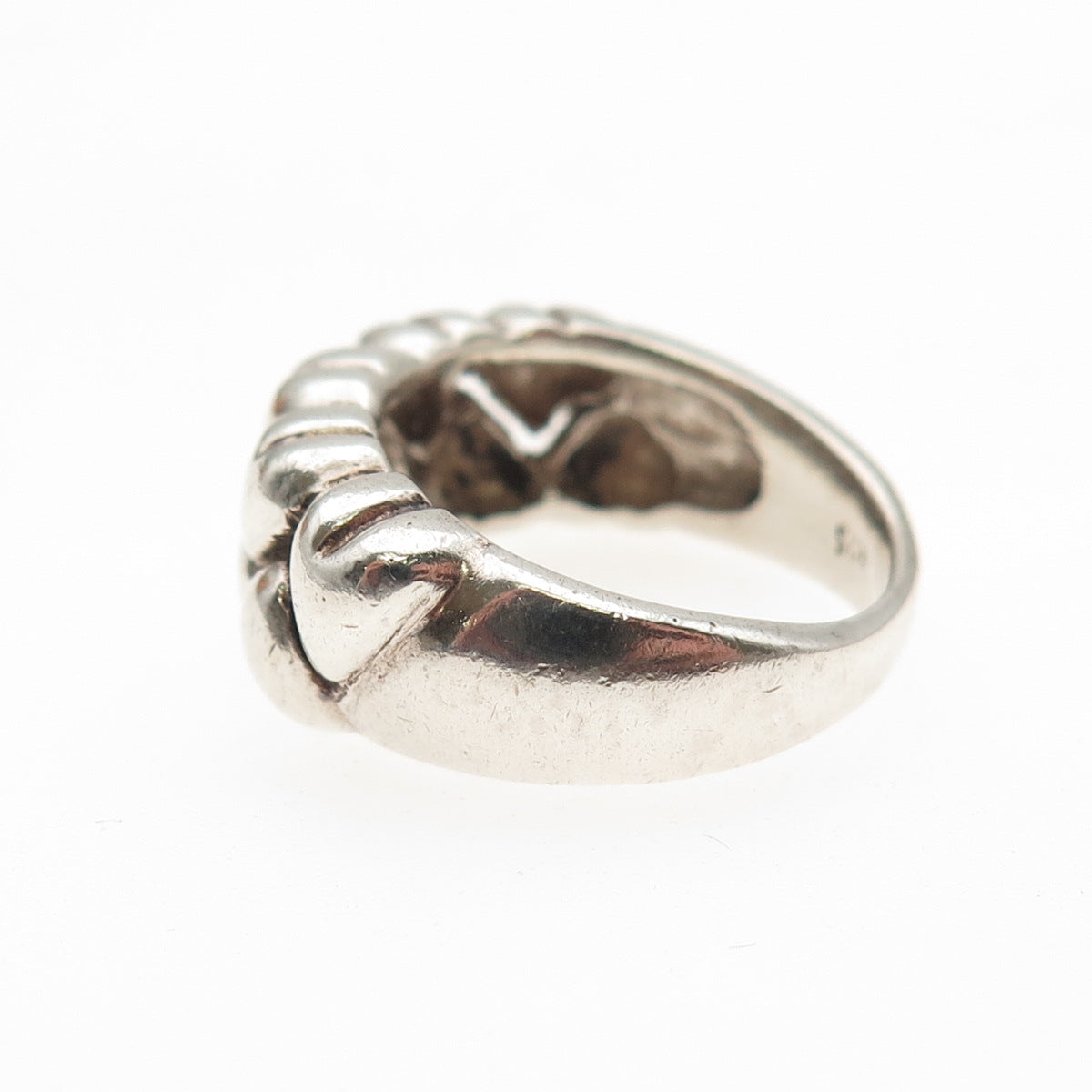925 Sterling Silver Vintage Modernist Heart Link Oxidized Ring Size 6