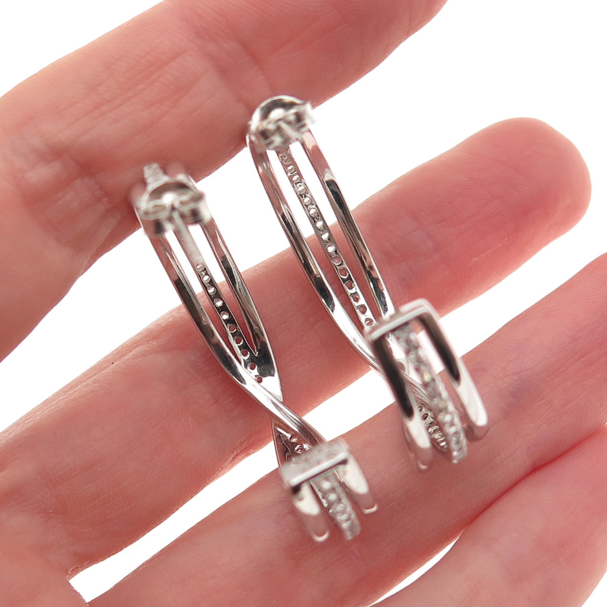 925 Sterling Silver Real Round-Cut White Topaz Crisscross Hoop Earrings