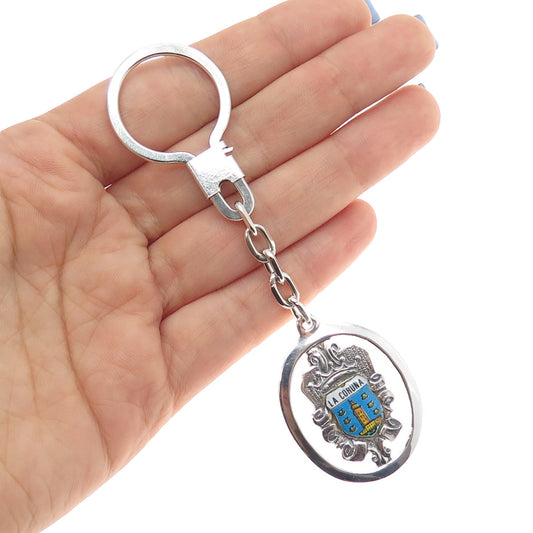 925 Sterling Silver Vintage Enamel Spain La Coruna Coat of Arms Key Fob Chain