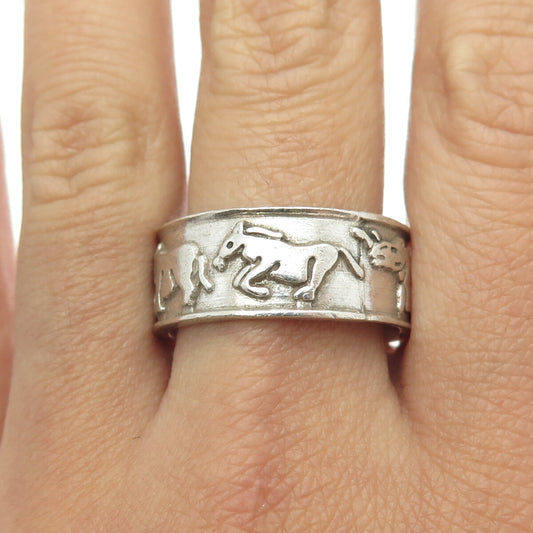 925 Sterling Silver Vintage Mexico Lion Horse Giraffe Rhinoceros Ring Size 11.75