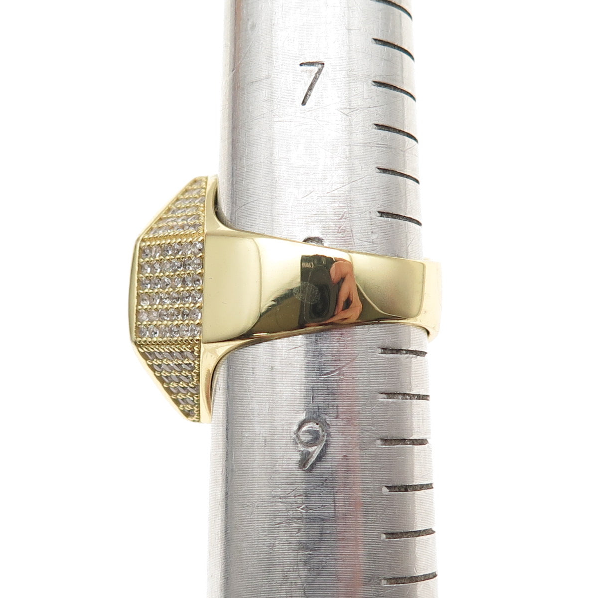925 Sterling Silver Gold Plated Round-Cut C Z Allah Signet Ring Size 8.25