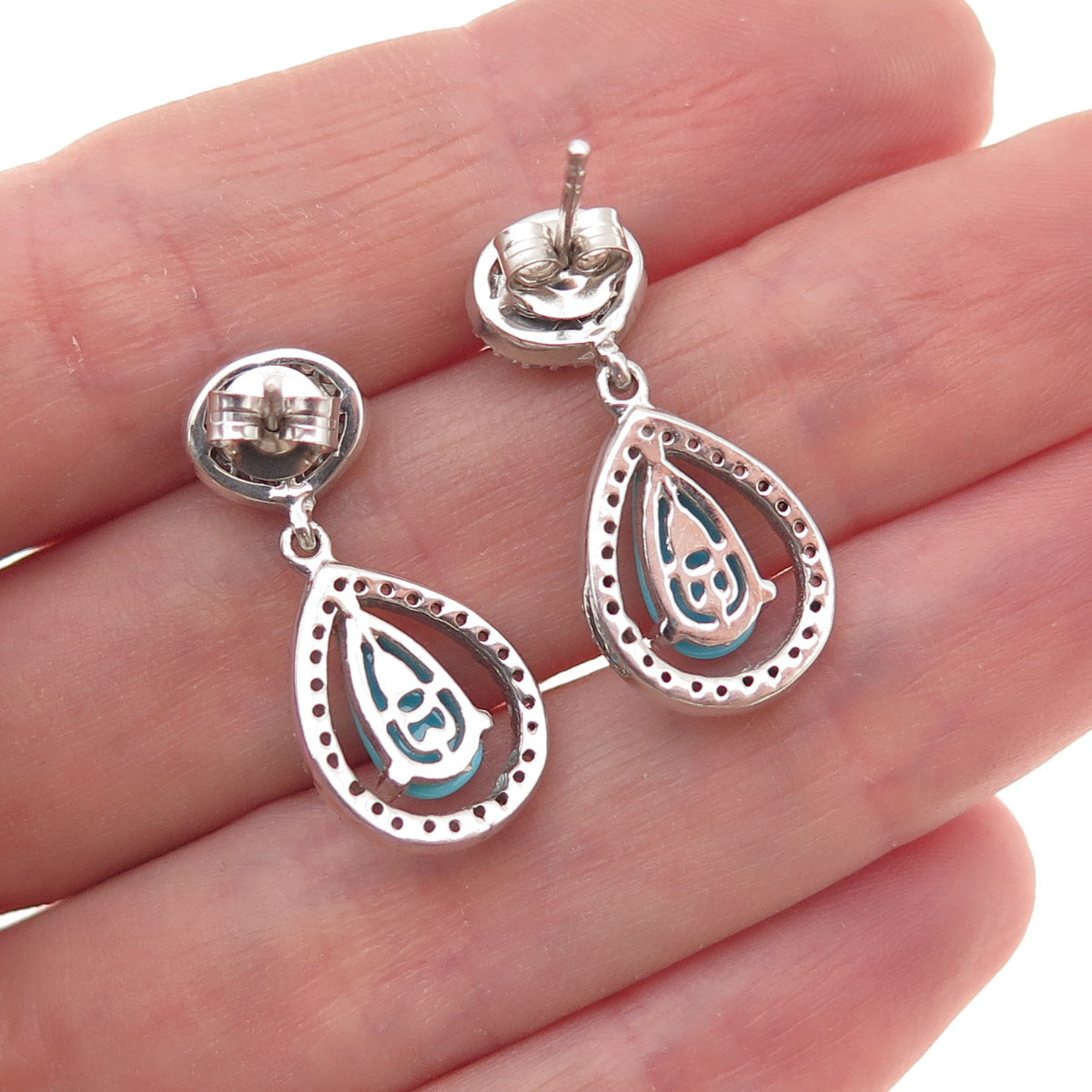 925 Sterling Silver Real Sleeping Beauty Turquoise & White Topaz Dangle Earrings