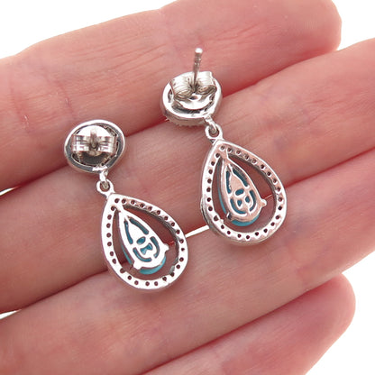 925 Sterling Silver Real Sleeping Beauty Turquoise & White Topaz Dangle Earrings