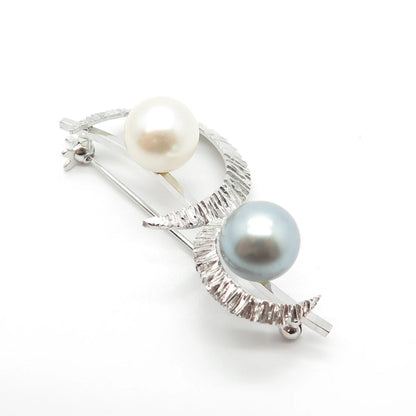 925 Sterling Silver Vintage Faux Cream & Gray Pearl Crescent Moon Pin Brooch