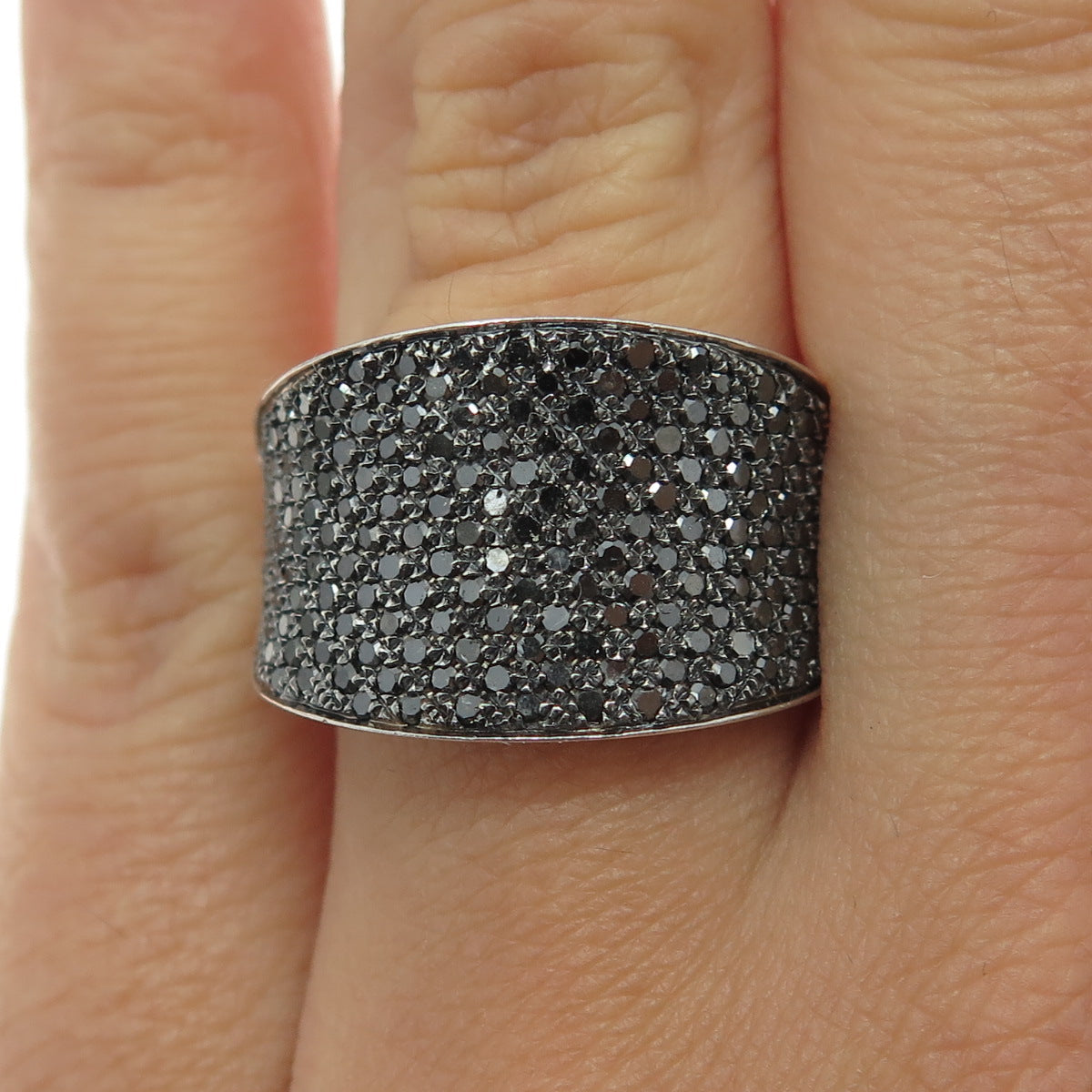 925 Sterling Silver Real Round-Cut Black Diamond Ring Size 7.25