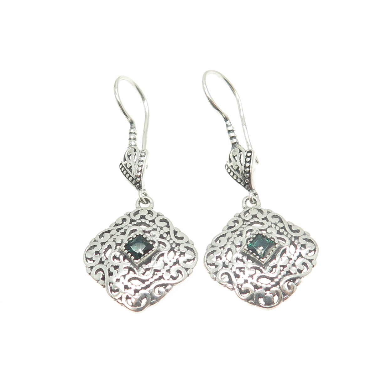 BERIA 925 Sterling Silver Green Rhinestone Ornate Square Dangling Earrings