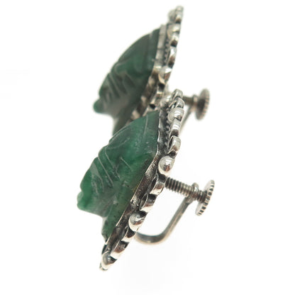 925 Sterling Silver Vintage Mexico Real Carved Jade Aztec Screw Back Earrings