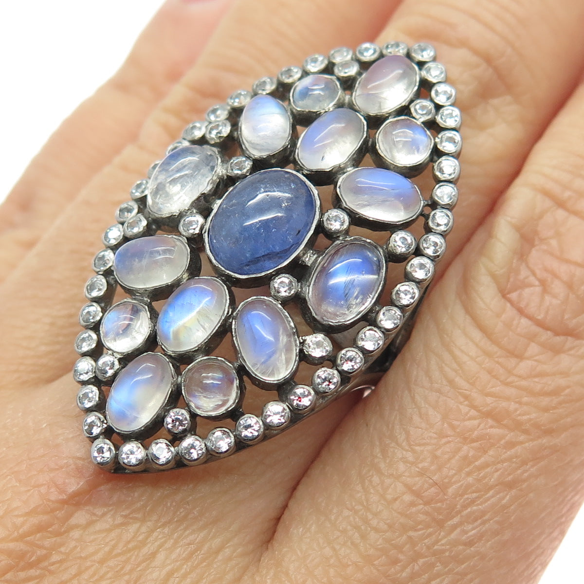 DSMK 925 Sterling Moonstone Tanzanite Topaz Gem Oxidized Statement Ring Size 7
