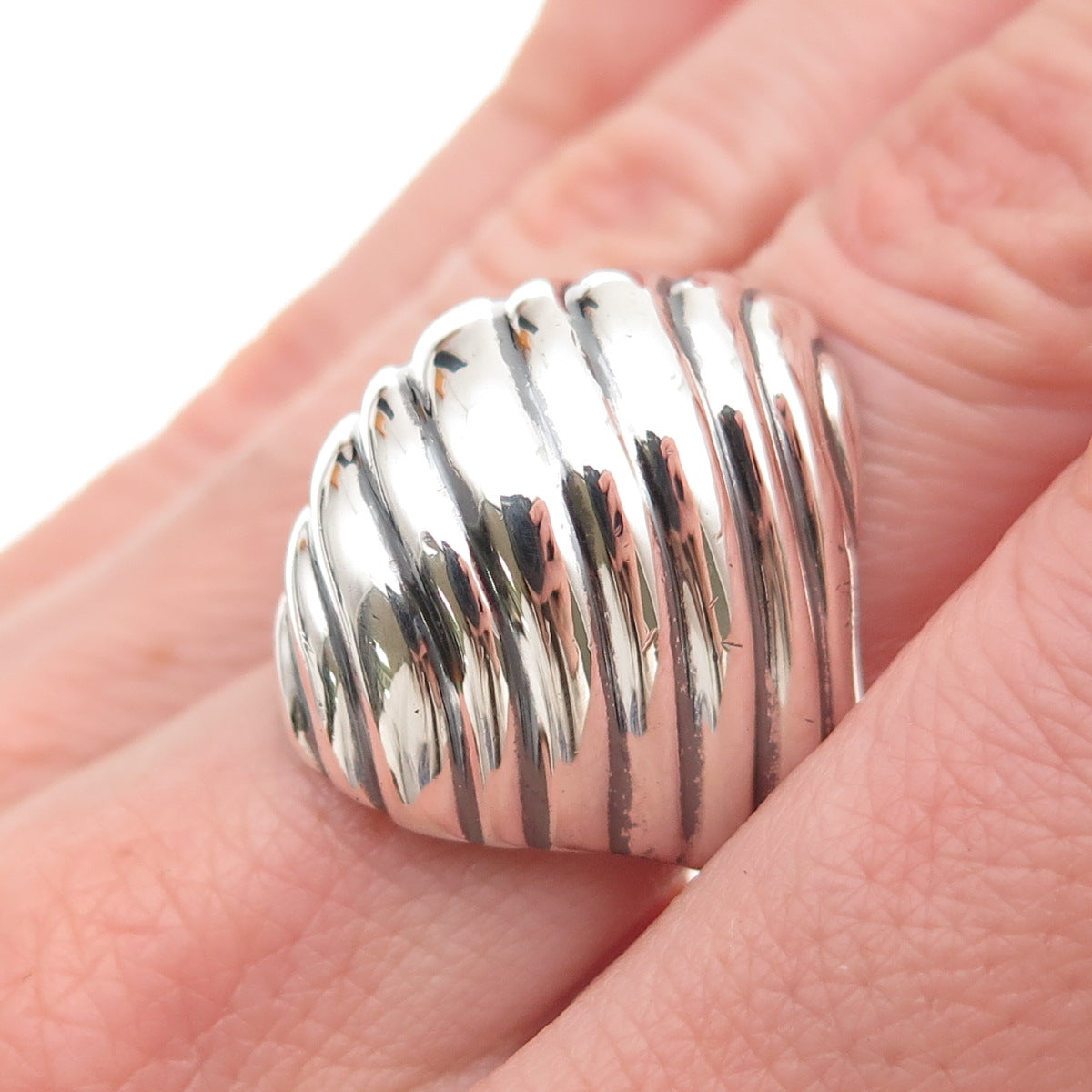 925 Sterling Silver Vintage Mexico Modernist Ribbed Oxidized Dome Ring Size 7.5
