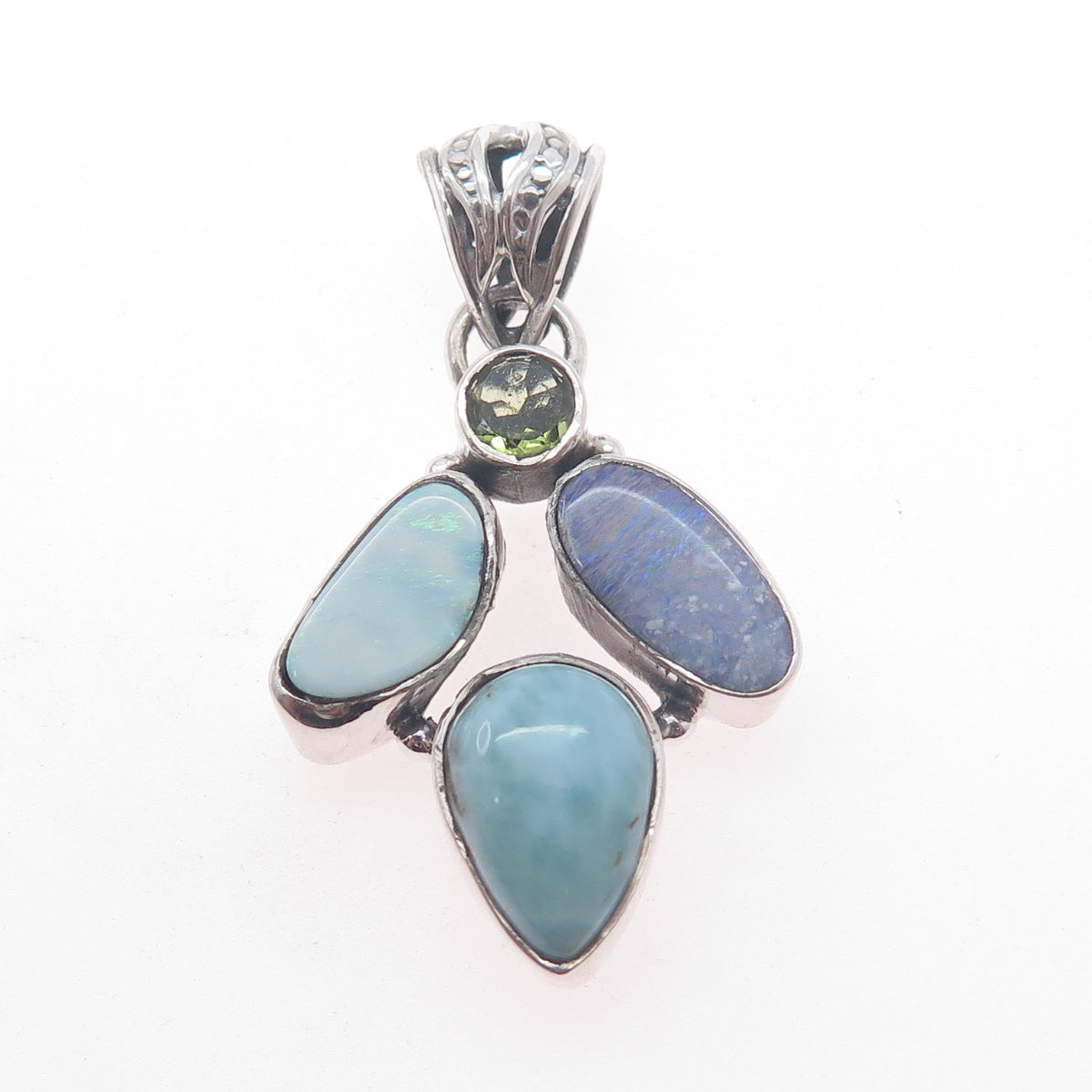 925 Sterling Silver Vintage Real Larimar Opal & Peridot Modernist Charm Pendant