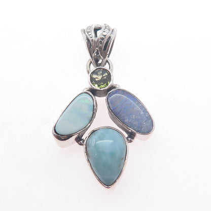 925 Sterling Silver Vintage Real Larimar Opal & Peridot Modernist Charm Pendant