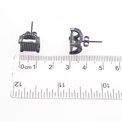 925 Sterling Silver Black Rhodium Round-Cut C Z Arch Square Stud Earrings