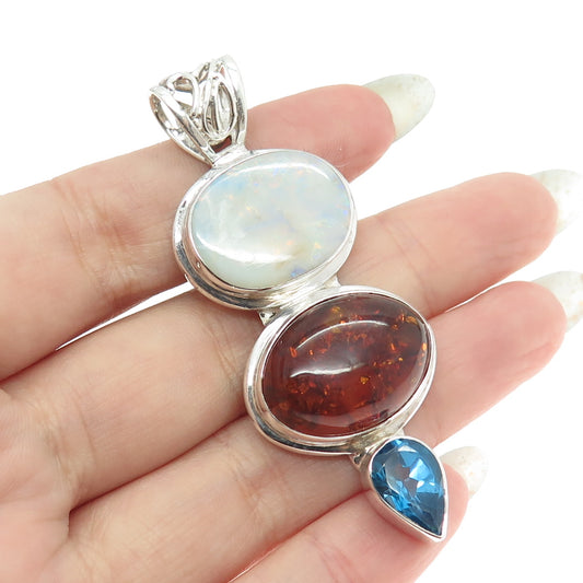 925 Sterling Silver Vintage Real Swiss Blue Topaz Opal & Amber Modernist Pendant