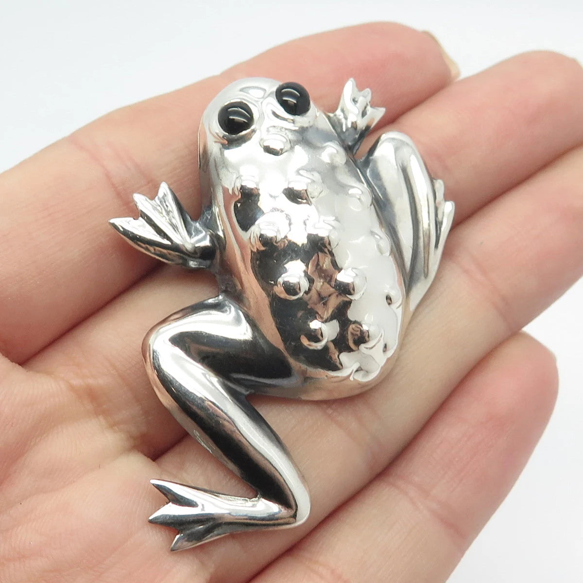 925 Sterling Silver Vintage Mexico Black Onyx Gem Frog For Good Luck Pin Brooch