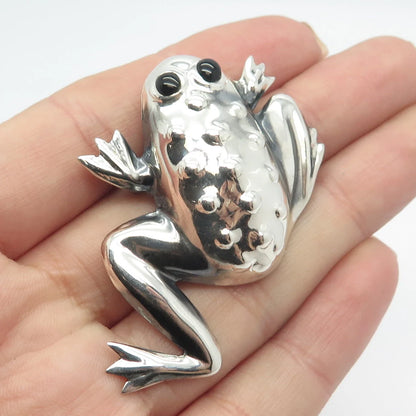 925 Sterling Silver Vintage Mexico Black Onyx Gem Frog For Good Luck Pin Brooch