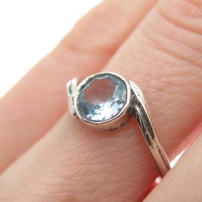 925 Sterling Silver Vintage Real Round-Cut Blue Topaz Bypass Ring Size 3.75