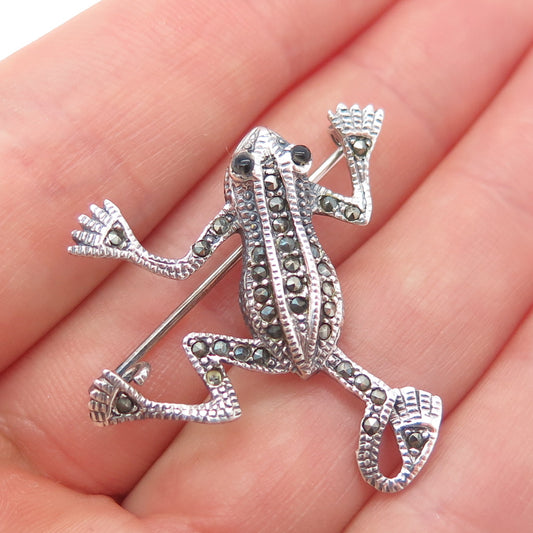 925 Sterling Silver Vintage Real Quartz Marcasite Frog Brooch (missing 1 stone)