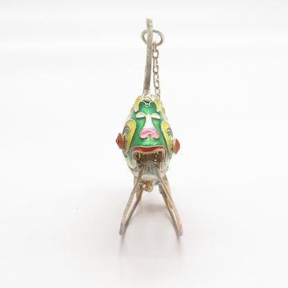 925 Sterling Silver Enamel Antique Chinese Koi Fish Articulated Chatelaine Fob