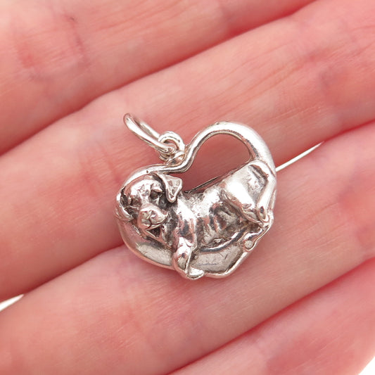 925 Sterling Silver Vintage Dog Heart Oxidized Charm Pendant