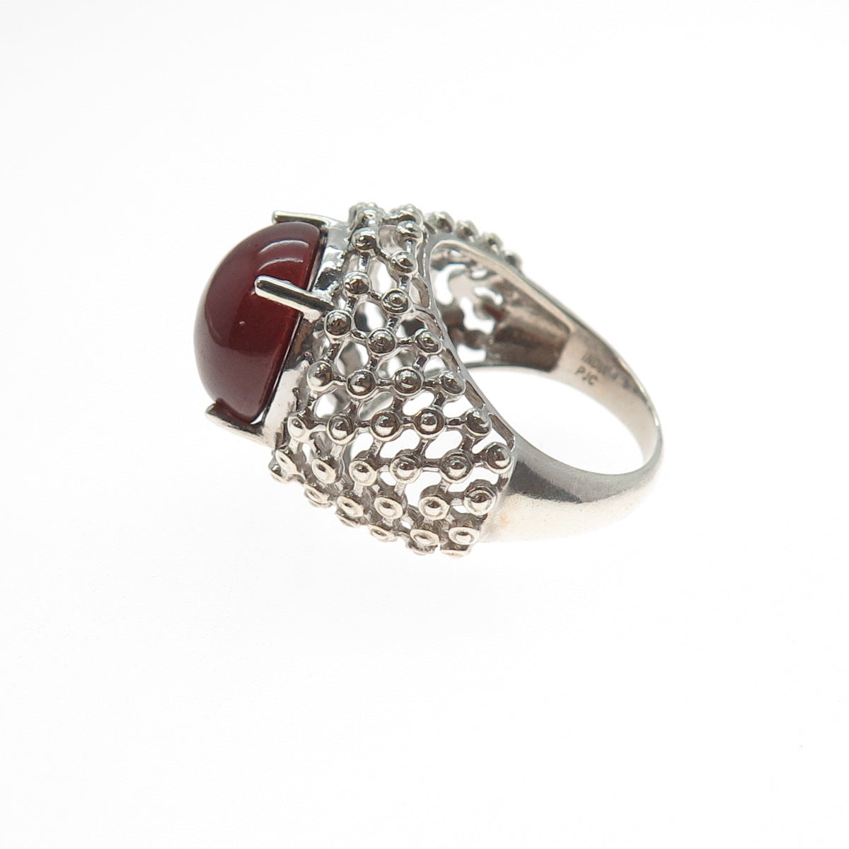 925 Sterling Silver Vintage Real Carnelian Modernist Beaded Mesh Ring Size 9.25