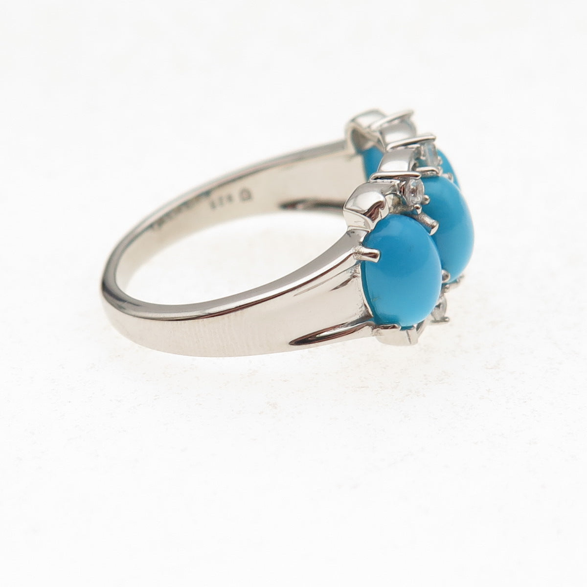 925 Sterling Silver Real Sleeping Beauty Turquoise & White Topaz Ring Size 8