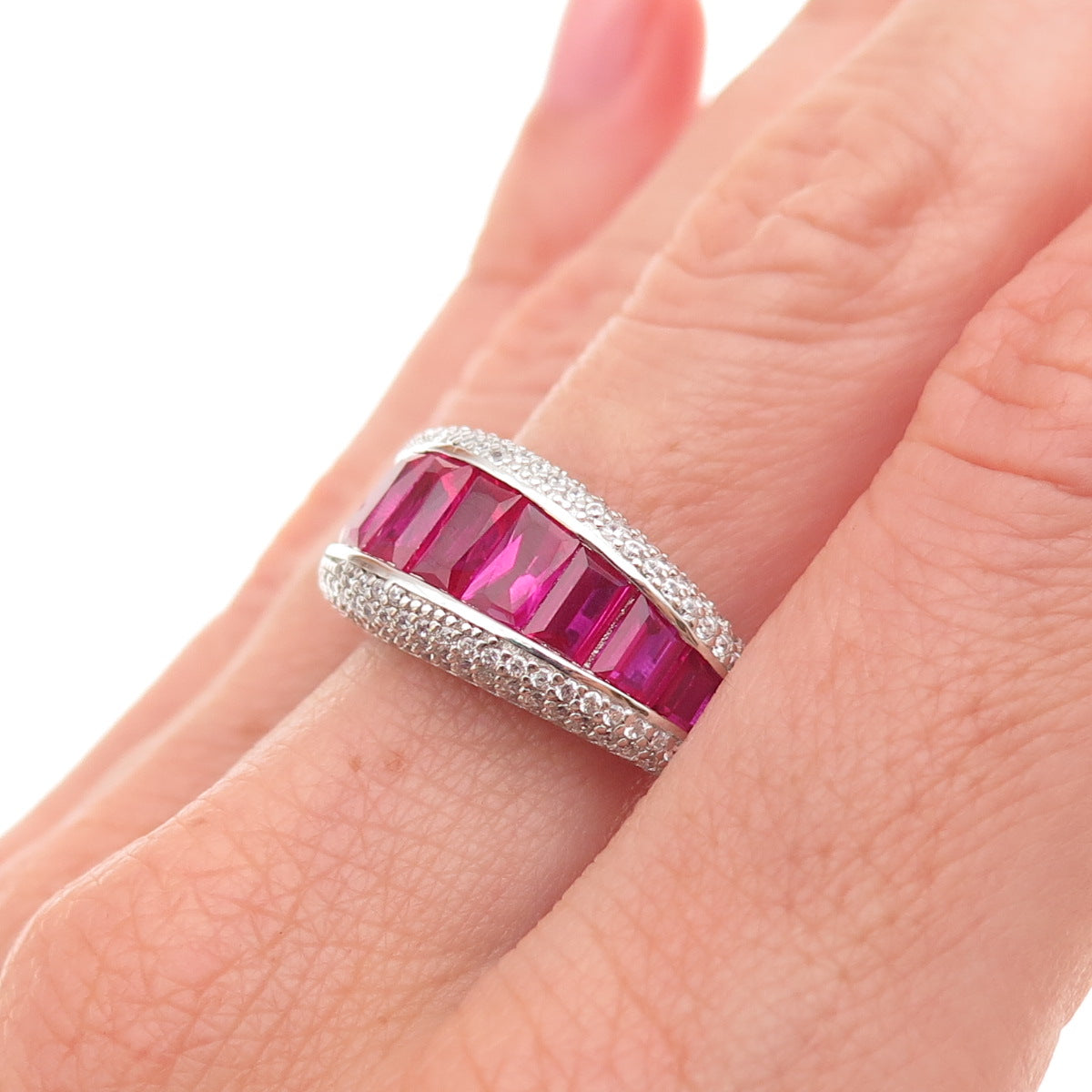 925 Sterling Silver Lab-Created Ruby & C Z Ring Size 8