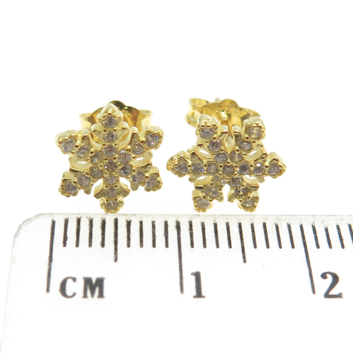 925 Sterling Silver Gold Plated Pave C Z Snowflake Stud Earrings