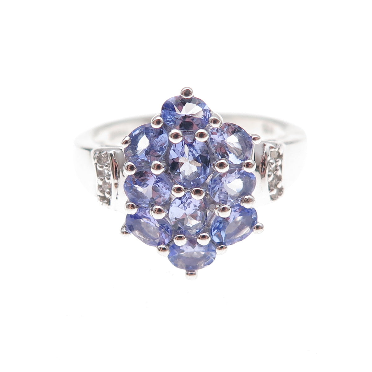 925 Sterling Silver Real Tanzanite & White Topaz Cluster Ring Size 8